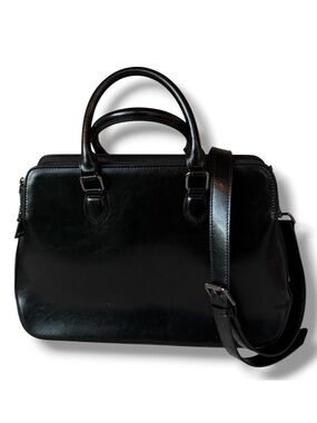 HESHE Genuine Leather Satchel Black Multi Compartment Crossbody Tote Bag